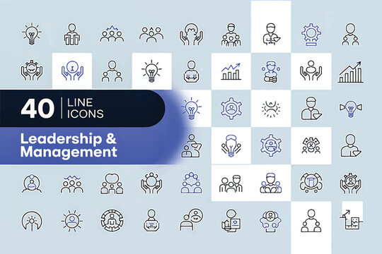 Leadership and Management Icons Set: A comprehensive collection of 40 line icons elegantly illustrating diverse concepts essential to leadership and management. Designed with a clean.
