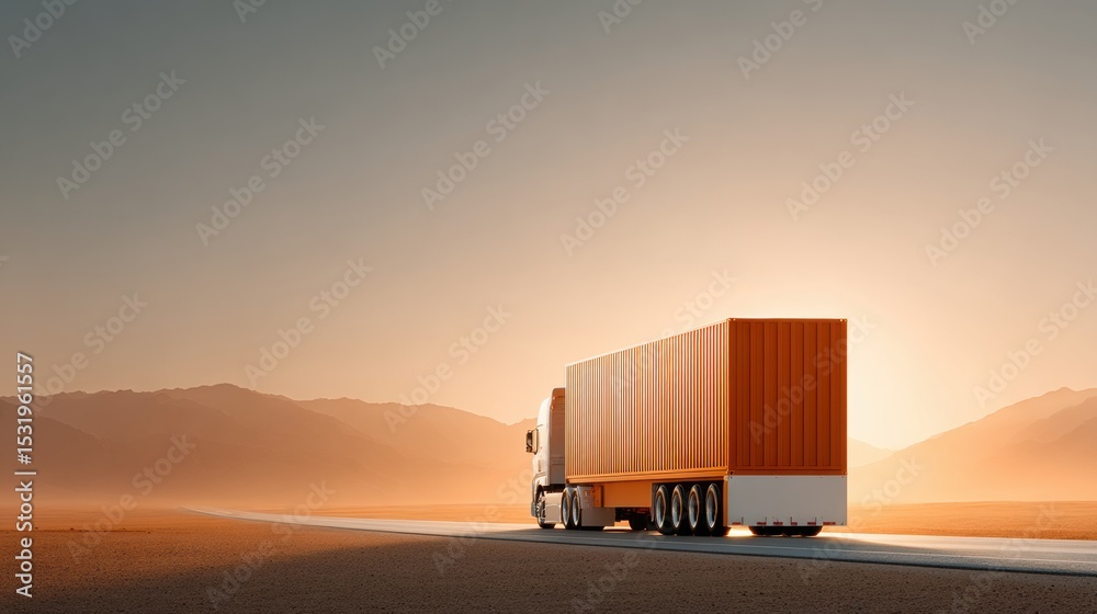 Poster autonomous cargo truck on open highway with financial data overlay representing shipping industry an
