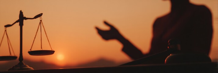 Balanced justice scales and wooden gavel on legal consultation table with professional gesture at sunset, symbolizing fairness and due process in modern law practice