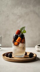 Berry-infused water in a glass showcasing mint leaves and fresh fruits on a wooden tray