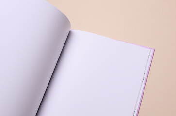 Open notebook or diary with white blank pages for mockup, pen on beige background. Top view