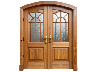 Vintage Wooden Door with Arched Glass Windows and Carved Details, Transparent Background.