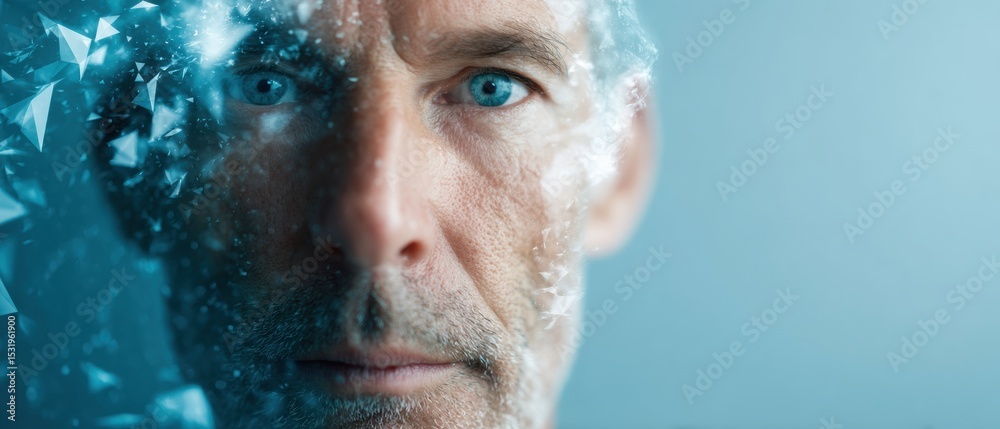 Poster Advanced biometric facial recognition overlay on digital German ID card with triangular mesh and particle effects for secure identity verification and authentication