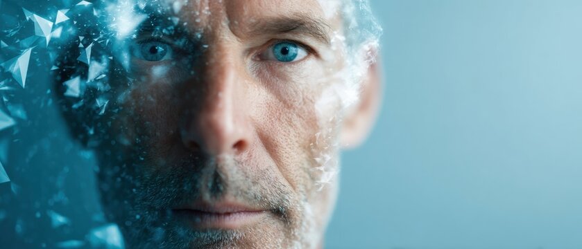 Advanced biometric facial recognition overlay on digital German ID card with triangular mesh and particle effects for secure identity verification and authentication