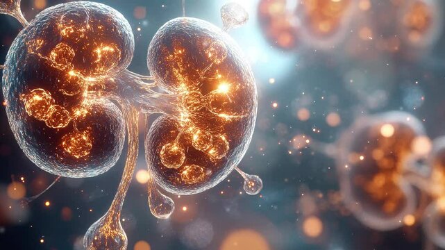 Medical illustration of human kidney in glowing light