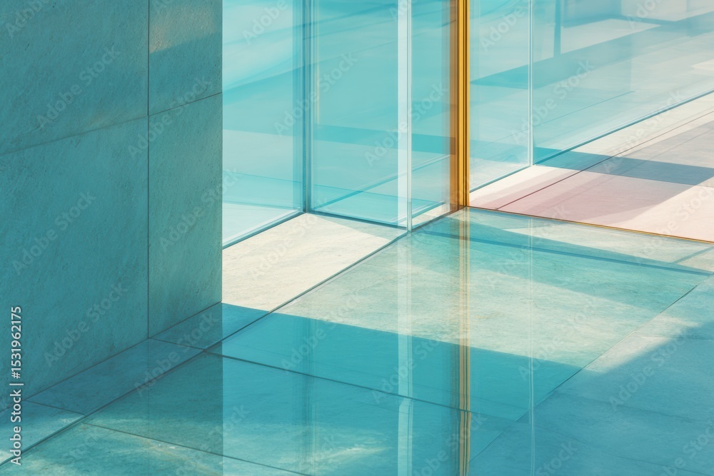 Poster cyan hue modern interior with sharp architectural lines and reflective glass elements for real estat