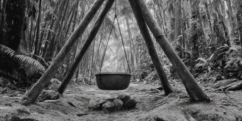 Wilderness survival campfire with makeshift bamboo tripod and cooking pot in dense rainforest showcasing sustainable adventure and eco tourism skills