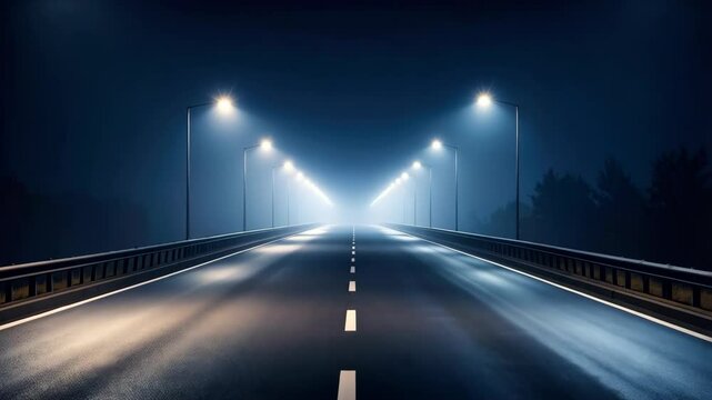 Dark asphalt highway at night lined by repeating glowing street lights under a blue sky with fog or mist illuminating the road ahead