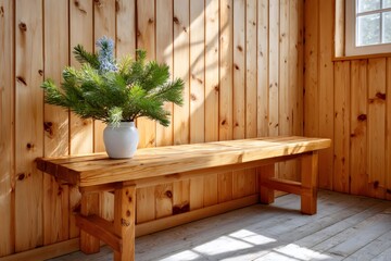 Pine branches in white vase standing on wooden bench in cozy wooden room