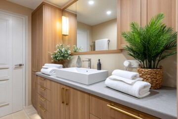 Obraz na płótnie Canvas Bright and airy modern bathroom showcasing elegant design and amenities