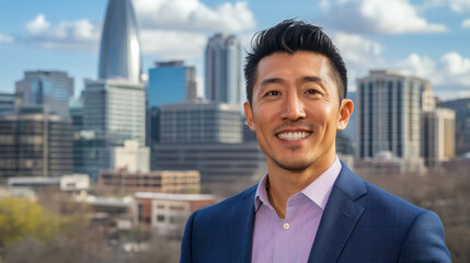 Fototapeta premium Networking professional urban setting portrait photography modern cityscape close-up personal branding