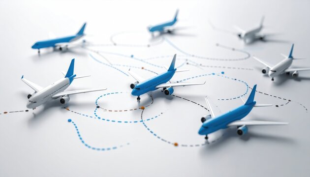 Concept of global air travel routes with miniature airplanes and dotted lines