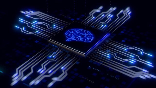 Loopable Futuristic Microchip with Brain Engraving Glowing Blue Circuit Connections &ndash; 30 Second Tech Animation