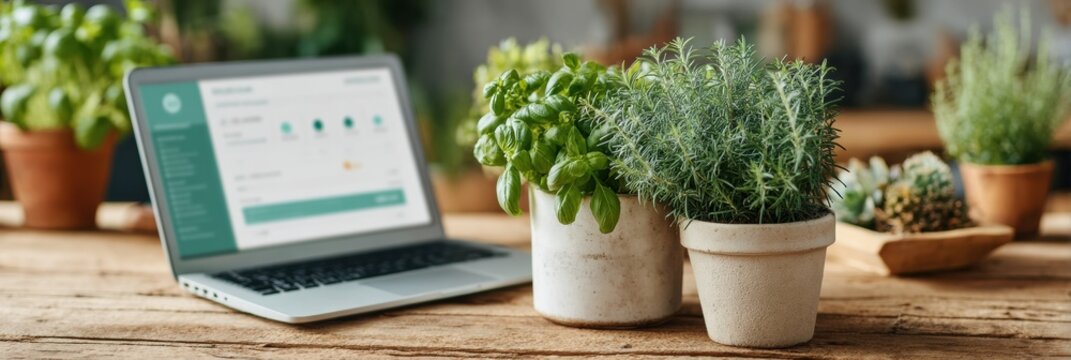 Sustainable workspace with computer showing eco analytics dashboard and fresh potted herbs, promoting green finance and nature-integrated business design