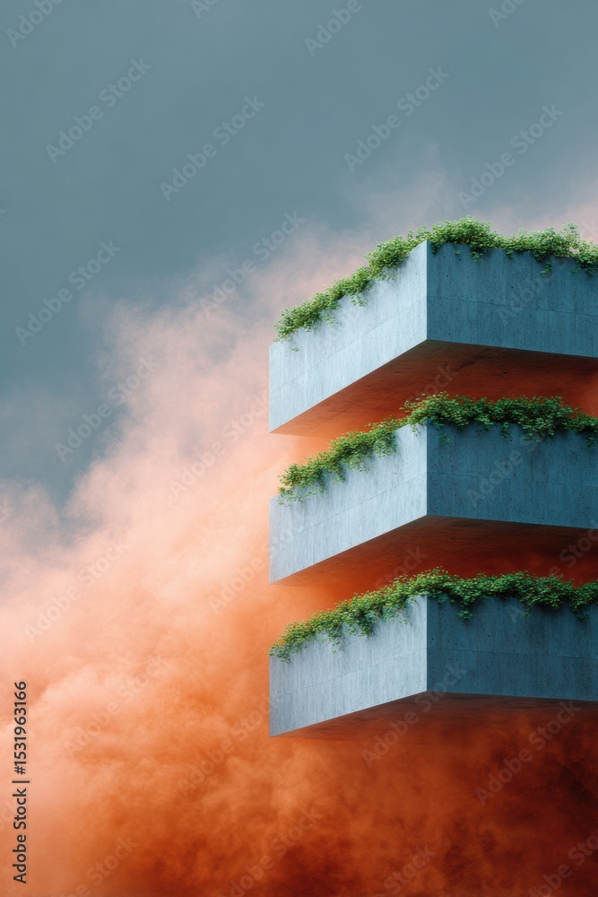 Aufkleber modern building retrofit with concrete balconies and cascading greenery against dramatic sky for sus