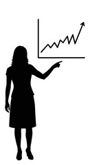 Businesswoman pointing at a rising trend graph during a presentation on a transparent background
