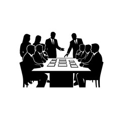 Group of professionals discussing projects at a meeting table on a transparent background