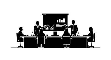 Business presentation with presenters showing data charts on a screen to an audience on a transparent background