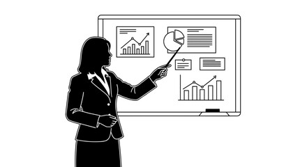 Businesswoman presenting data charts on a whiteboard with a pointer on a transparent background
