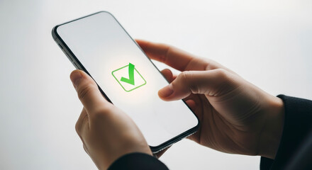Human Hands Holding Smartphone Displaying Green Check Mark Confirmation against White Background