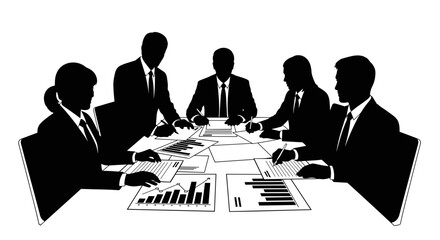 Silhouettes of business team collaborating at a meeting table on a transparent background