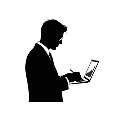 Silhouette of a businessman analyzing data on a laptop on a transparent background