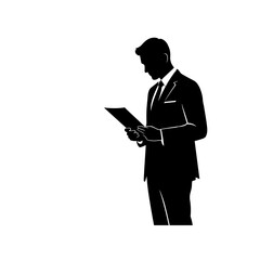 Silhouette of a businessman reading a document on a transparent background

