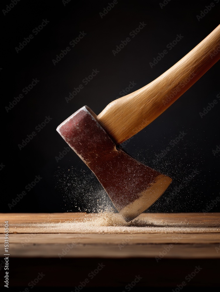 Aufkleber dynamic wooden axe striking nail with dust burst on rustic surface, symbolizing skilled craftsmanshi