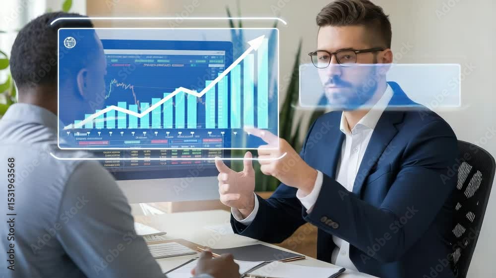 Poster Two business professionals discuss financial data and market charts displayed on a computer in a modern office setting.