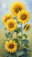 Vibrant Sunflowers Surrounded by Soft Blue Sky and Golden Fields in a Colorful Landscape Scene