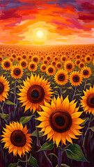 Vibrant Sunflower Field at Sunset with Colorful Sky and Bright Flowers in Full Bloom