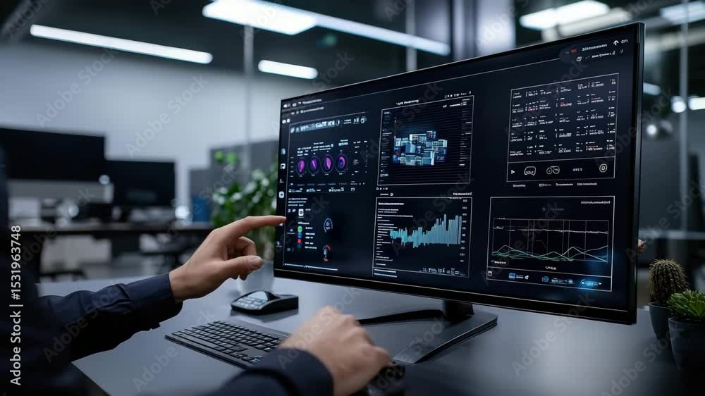 Poster A person works at a desk reviewing data analytics dashboards on a large computer monitor in a modern office setting.