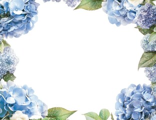 A white card with blue hydrangeas and roses around the edges, with glitter in it.