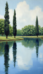 Serene Landscape with Tall Cypress Trees and Reflection in Calm River Surface
