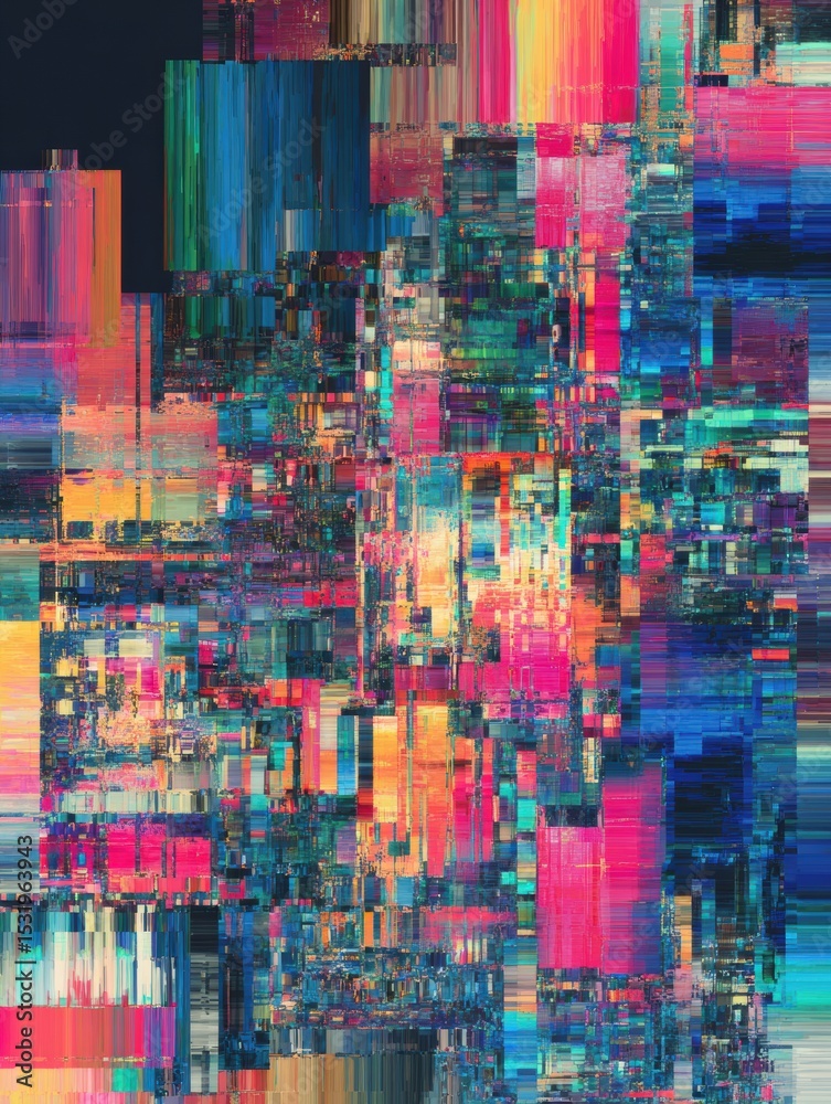 Aufkleber Glitching Abstract Neural Network Showcasing Vibrant Colors and Fragmented Patterns in a Chaotic Digital Landscape