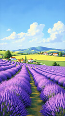 Vibrant Lavender Field with Rolling Hills and Clouds in Blue Sky Landscape