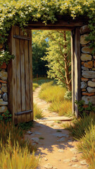 Charming Rustic Wooden Doorway Framed by Lush Greenery in a Serene Outdoor Setting