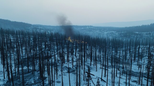 A winter forest landscape shows burned trees and lingering smoke, revealing recent wildfire devastation amid the snow.