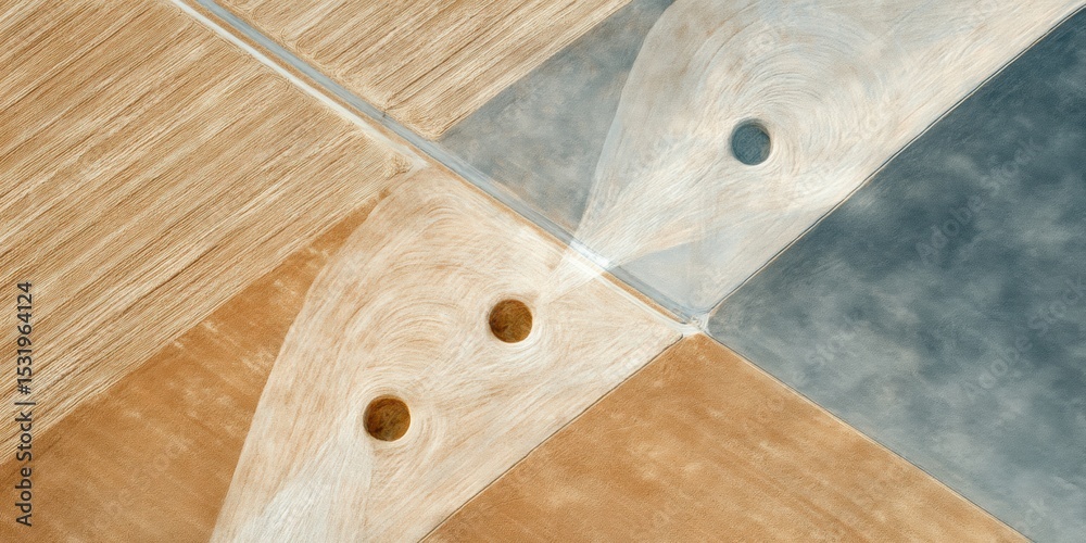Poster Aerial view of circular irrigation system in wheat field showing geometric patterns and water sprayers for sustainable modern farming and precision agriculture