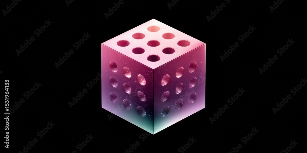 Poster Futuristic Isometric Floating Cube with Intricate Internal Structure in Gradient Neon Colors on Black Background for Modern Tech and Digital Design Concepts