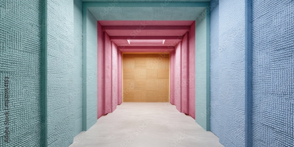 Poster modern acoustic test chamber with colorful textured foam panels for sound isolation in advanced engi