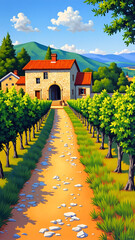 Scenic Vineyard Pathway Leading to Charming Cottage Amidst Lush Green Landscape