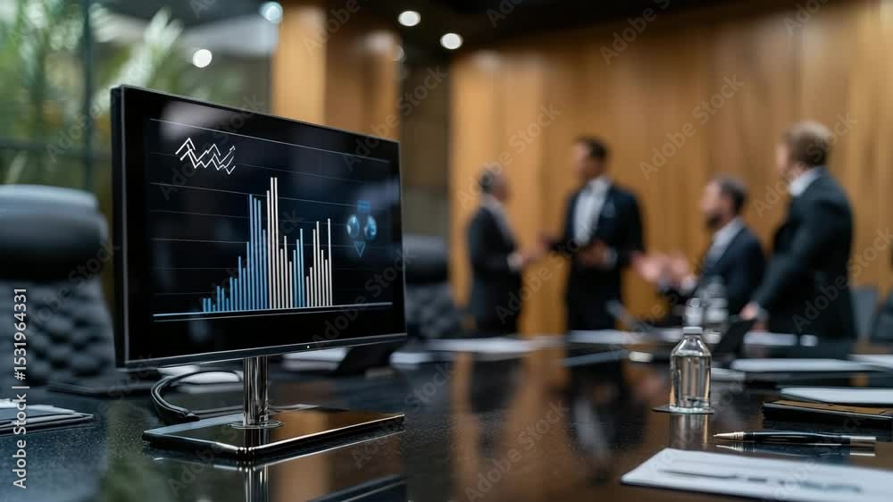 Poster a computer monitor displays a financial bar chart in a modern conference room with business professi