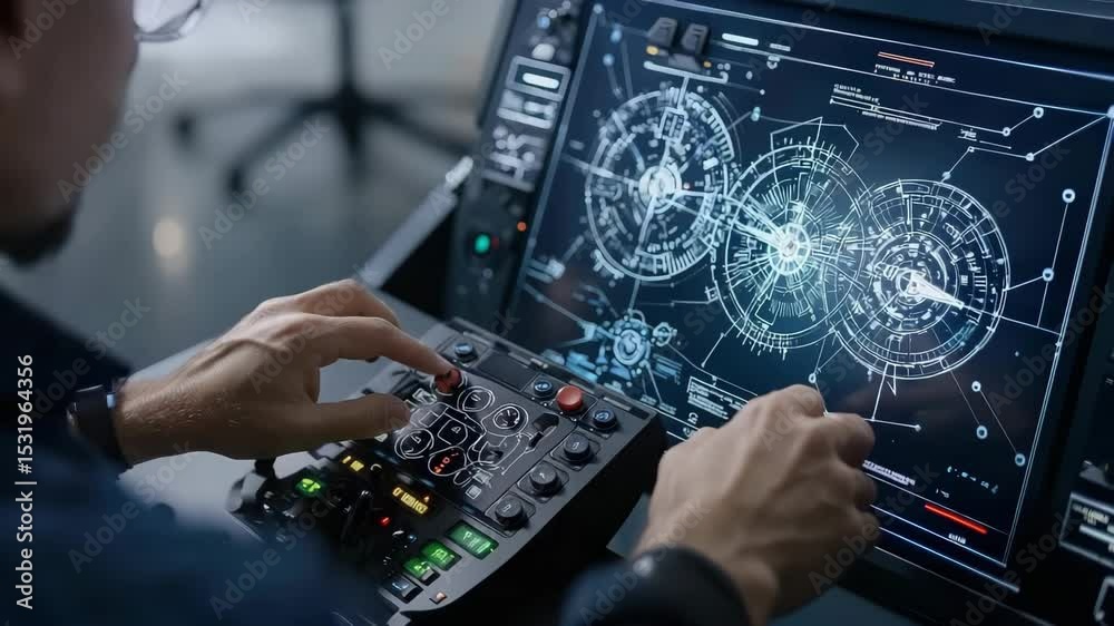 Poster a person operates a high-tech control panel with futuristic digital interface and holographic displa