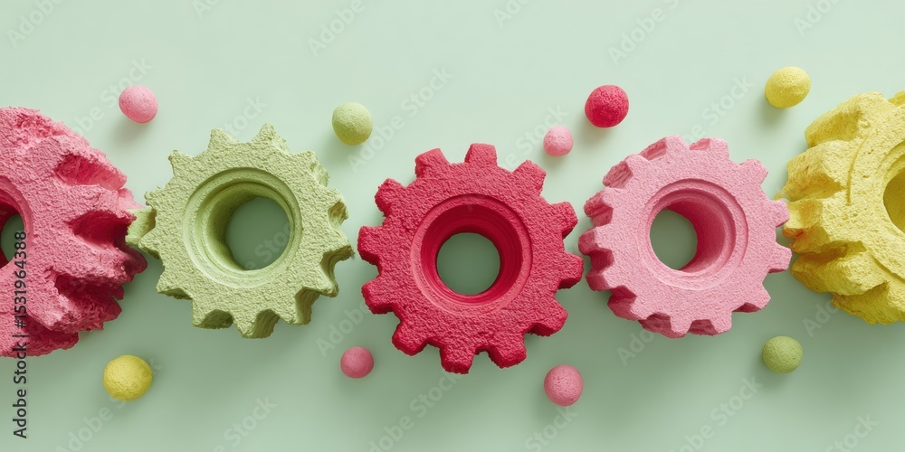 Poster colorful textured gears and spheres in pastel palette on white background - modern design concepts a