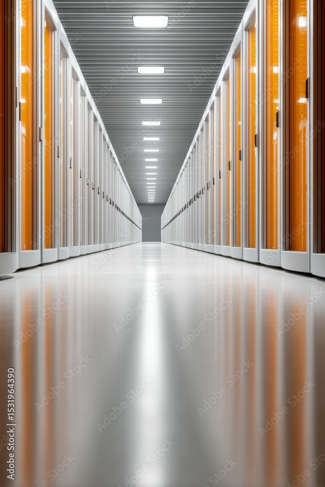Leinwandbilder Quantum Internet Server Room Corridor with Symmetrical Rack-Mounted Hardware, Precision Alignment and Cooling Infrastructure for Secure Data Storage