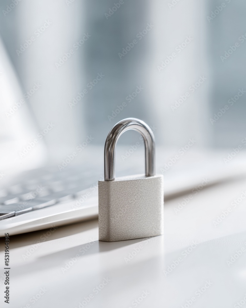 Poster minimalistic scandinavian workspace with strong password security concept featuring metal padlock an