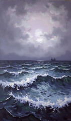 Majestic Ocean Waves Under Dramatic Sky with Sailing Ships in the Distance at Dusk