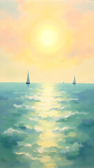 Serene Seascape with Sailing Boats under a Golden Sunlight and Colorful Sky at Dusk