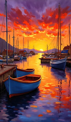Serene Sunset Over Vibrant Harbor with Colorful Boats and Reflective Water at Dusk